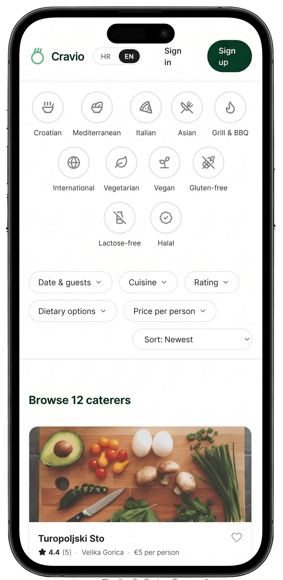 Cravio — Cateringes profil — csomagok és menü mobilon