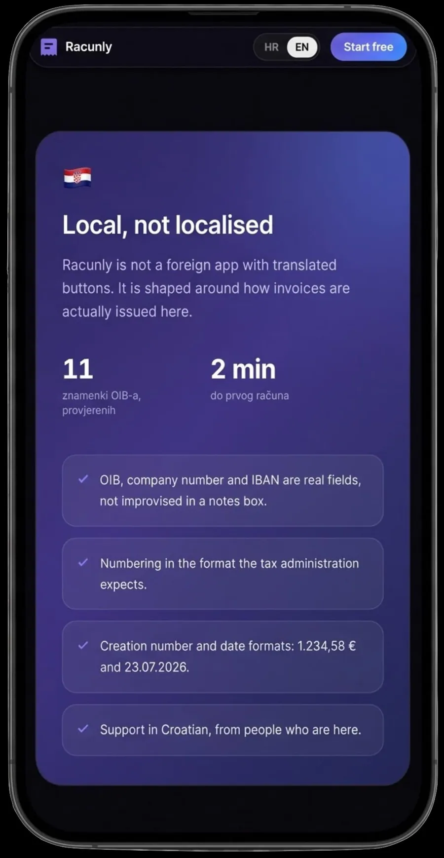 Racunly — The invoice form on mobile